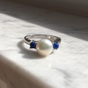 Pearl Ring with Blue Stones Size 7.75